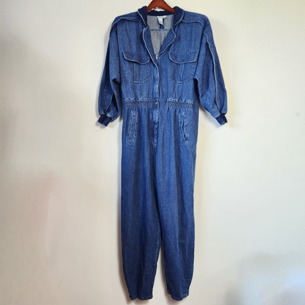 Vintage 80s Oakbrook Sport Denim Jumpsuit Acid Wash Utility Coveralls Blue 12